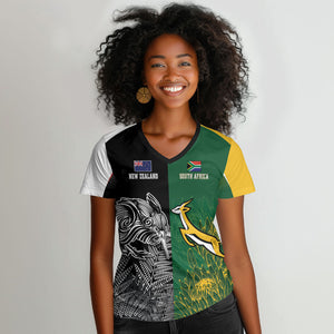South Africa - New Zealand Greatest Rivals Rugby Custom Women V-Neck T-Shirt Bokke Vs Kiwi