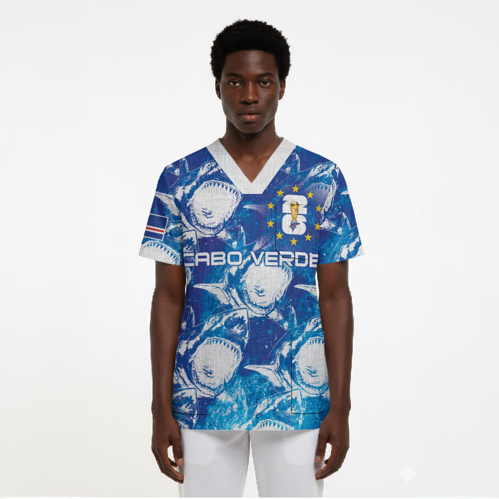 Cabo Verde WC2026 Prematch Guernsey Inspired Custom Scrub Top Tubaroes Azuis Making History
