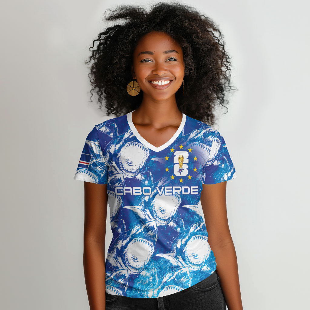 Cabo Verde WC2026 Prematch Guernsey Inspired Custom Women V-Neck T-Shirt Tubaroes Azuis Making History