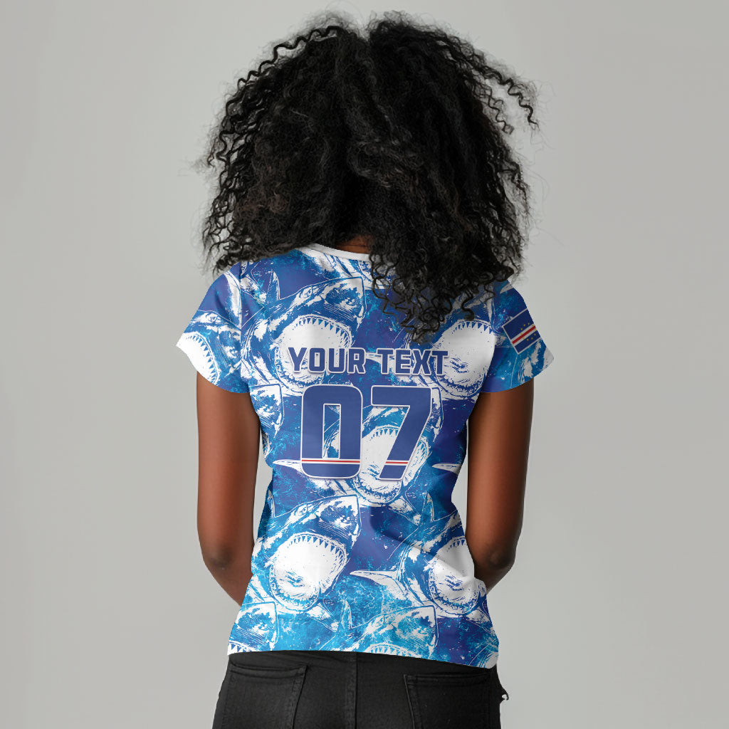 Cabo Verde WC2026 Prematch Guernsey Inspired Custom Women V-Neck T-Shirt Tubaroes Azuis Making History