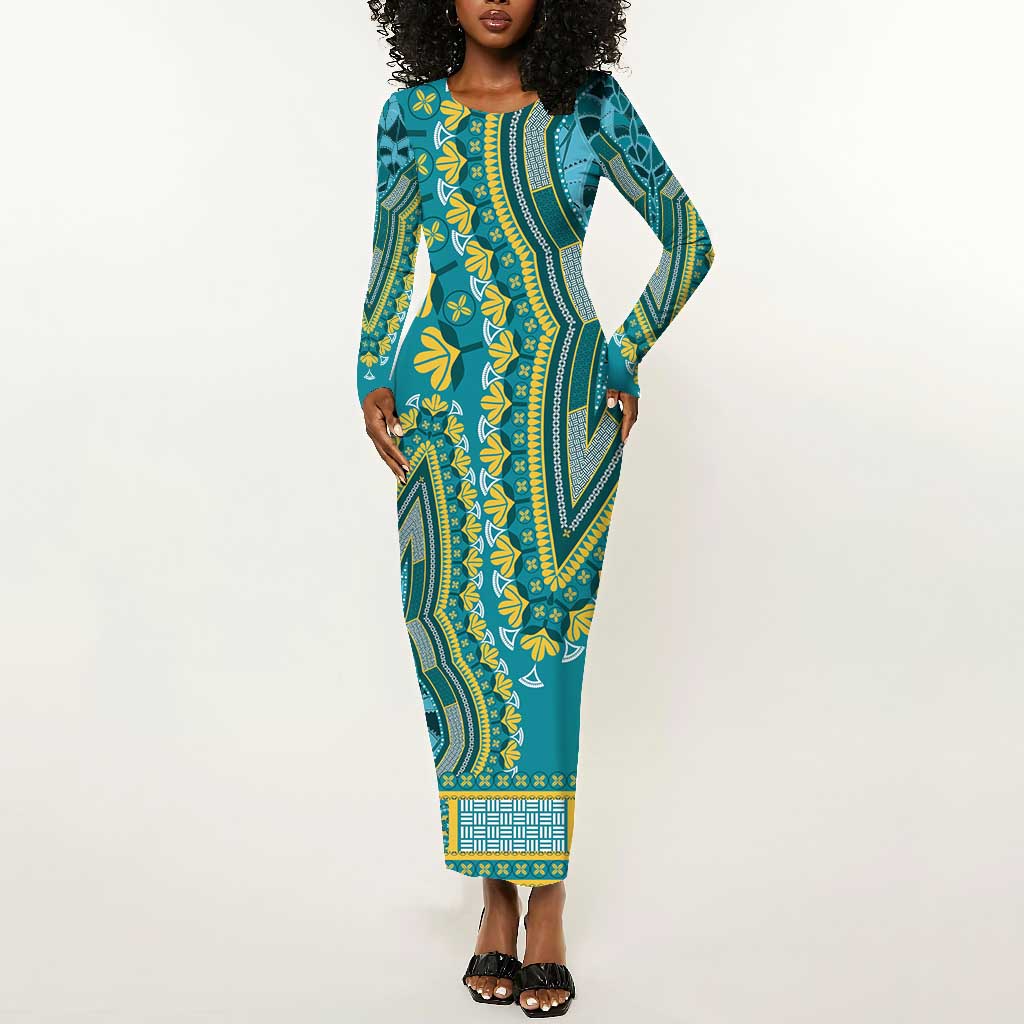 Dashiki Long Sleeve Bodycon Dress Luxury Afro - Teal