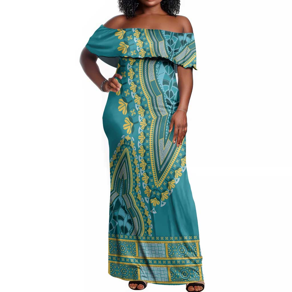 Dashiki Off Shoulder Maxi Dress Luxury Afro - Teal