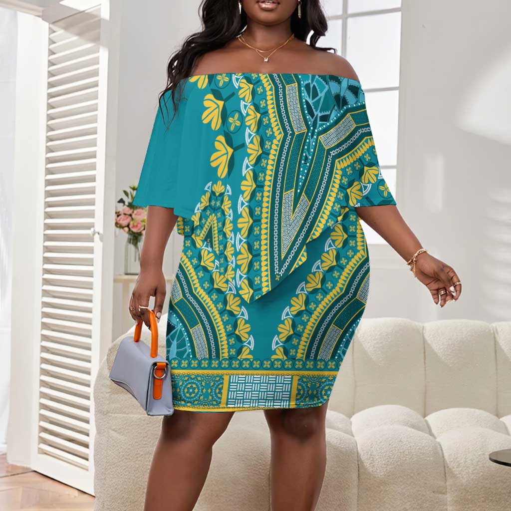 Dashiki Off Shoulder Short Dress Luxury Afro - Teal