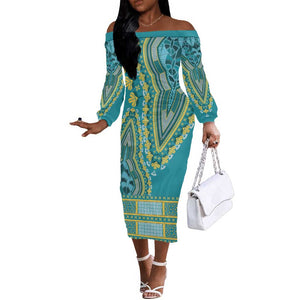 Dashiki Off The Shoulder Long Sleeve Dress Luxury Afro - Teal