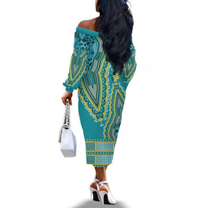 Dashiki Off The Shoulder Long Sleeve Dress Luxury Afro - Teal