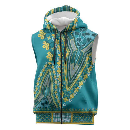Dashiki Sleeveless Zip Hoodie Luxury Afro - Teal - African Pride