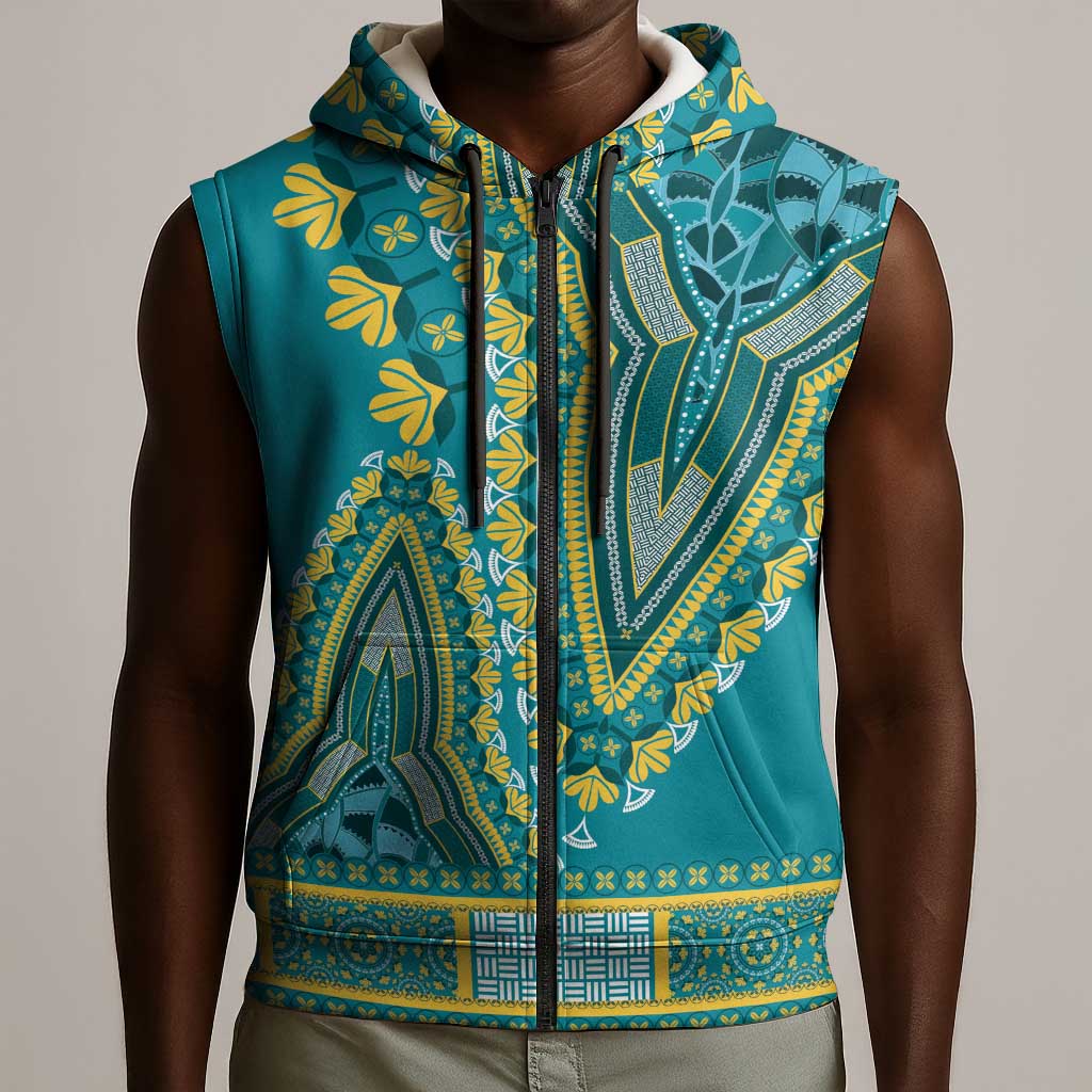 Dashiki Sleeveless Zip Hoodie Luxury Afro - Teal - African Pride