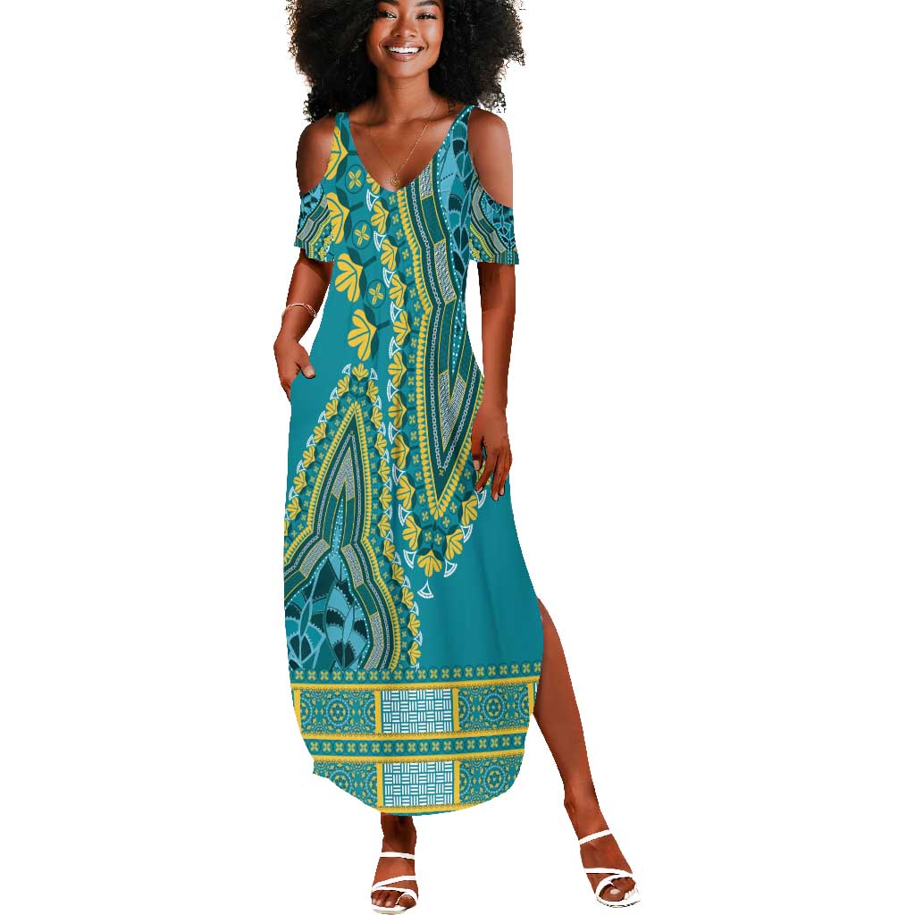 Dashiki Summer Maxi Dress Luxury Afro - Teal