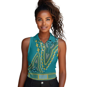 Dashiki Women Sleeveless Polo Shirt Luxury Afro - Teal