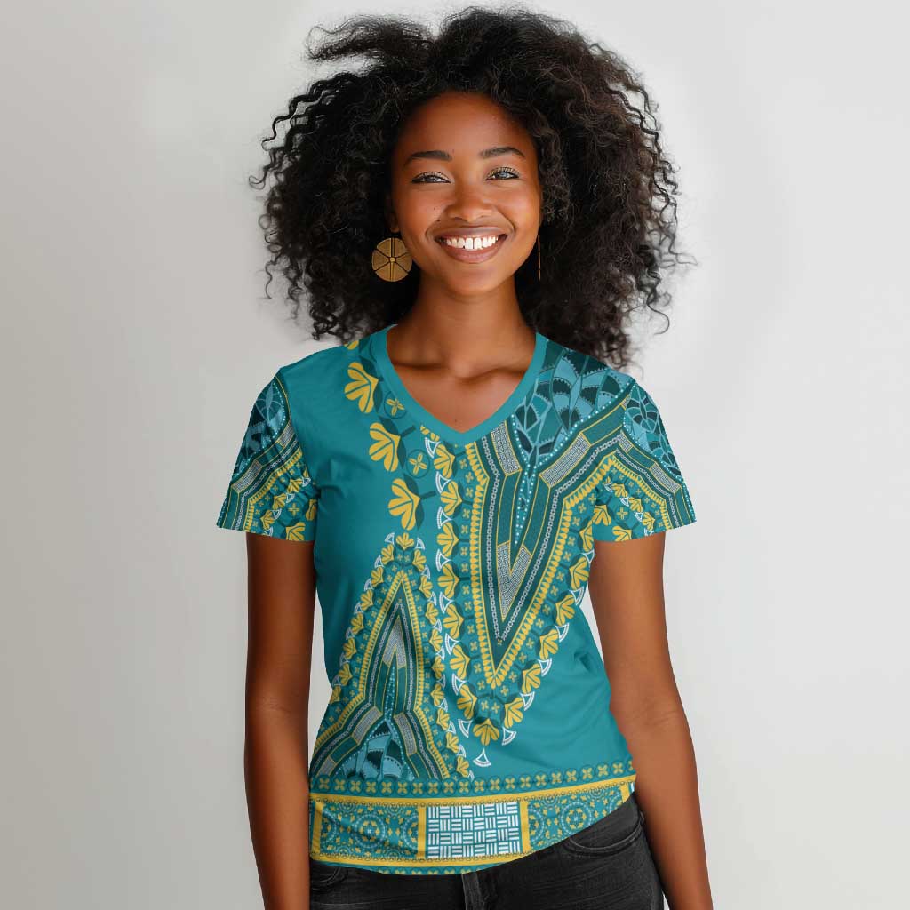 Dashiki Women V-Neck T-Shirt Luxury Afro - Teal