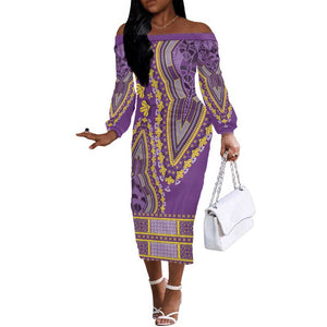 Dashiki Off The Shoulder Long Sleeve Dress Luxury Afro - Violet