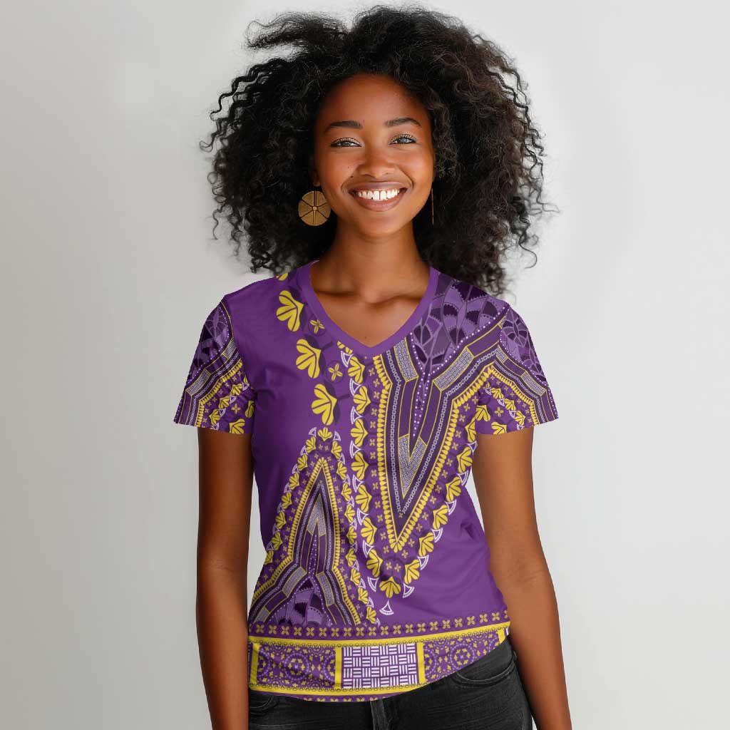 Dashiki Women V-Neck T-Shirt Luxury Afro - Violet
