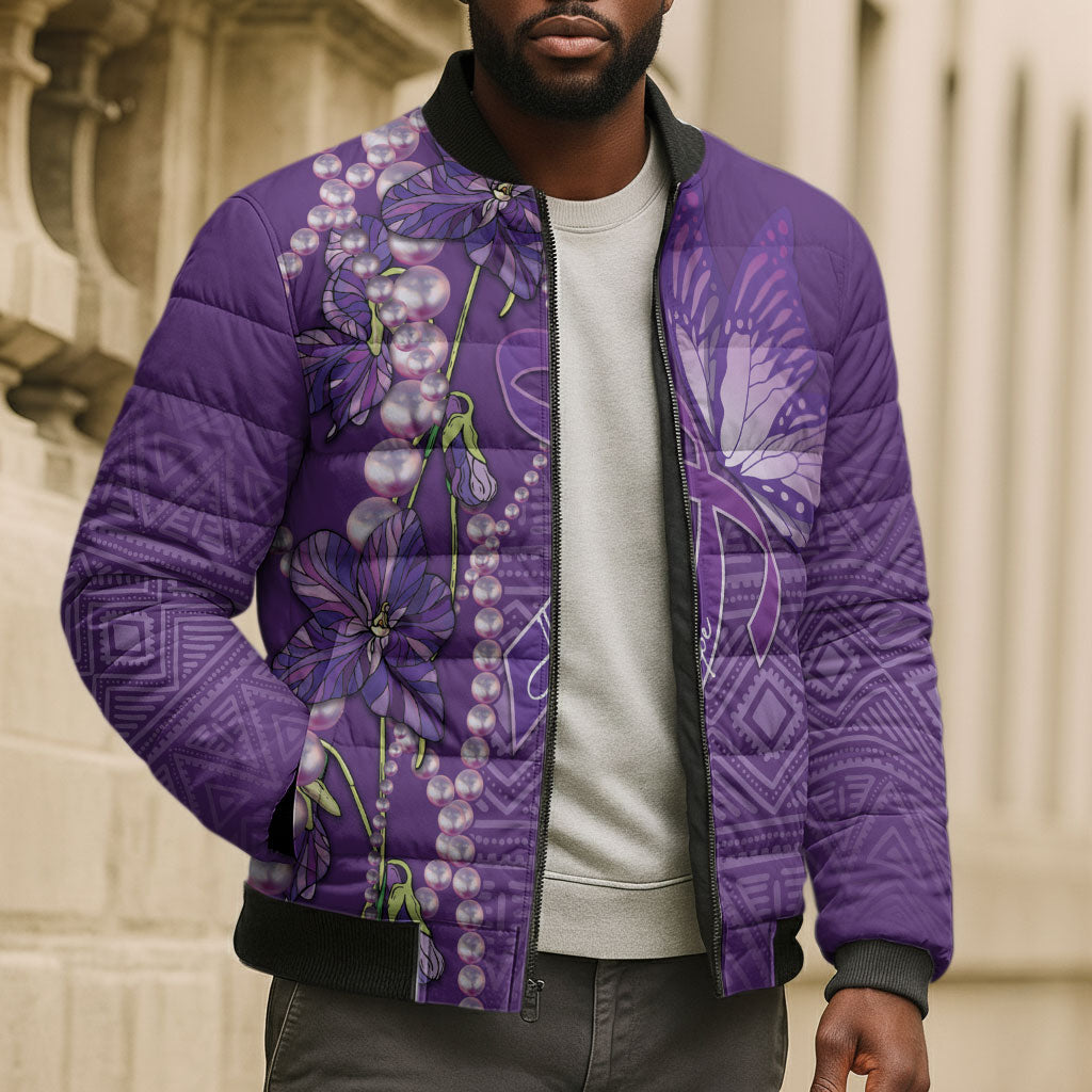 Lupus Awareness Purple Ribbon Butterfly Bomber Puffer Jacket Hope