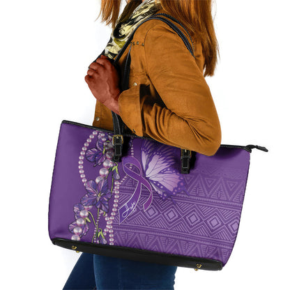 Lupus Awareness Purple Ribbon Butterfly Leather Tote Bag Hope