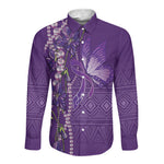 Lupus Awareness Purple Ribbon Butterfly Long Sleeve Button Shirt Hope