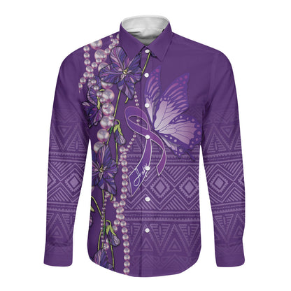 Lupus Awareness Purple Ribbon Butterfly Long Sleeve Button Shirt Hope