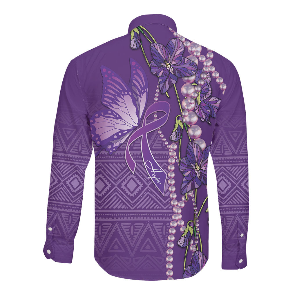 Lupus Awareness Purple Ribbon Butterfly Long Sleeve Button Shirt Hope