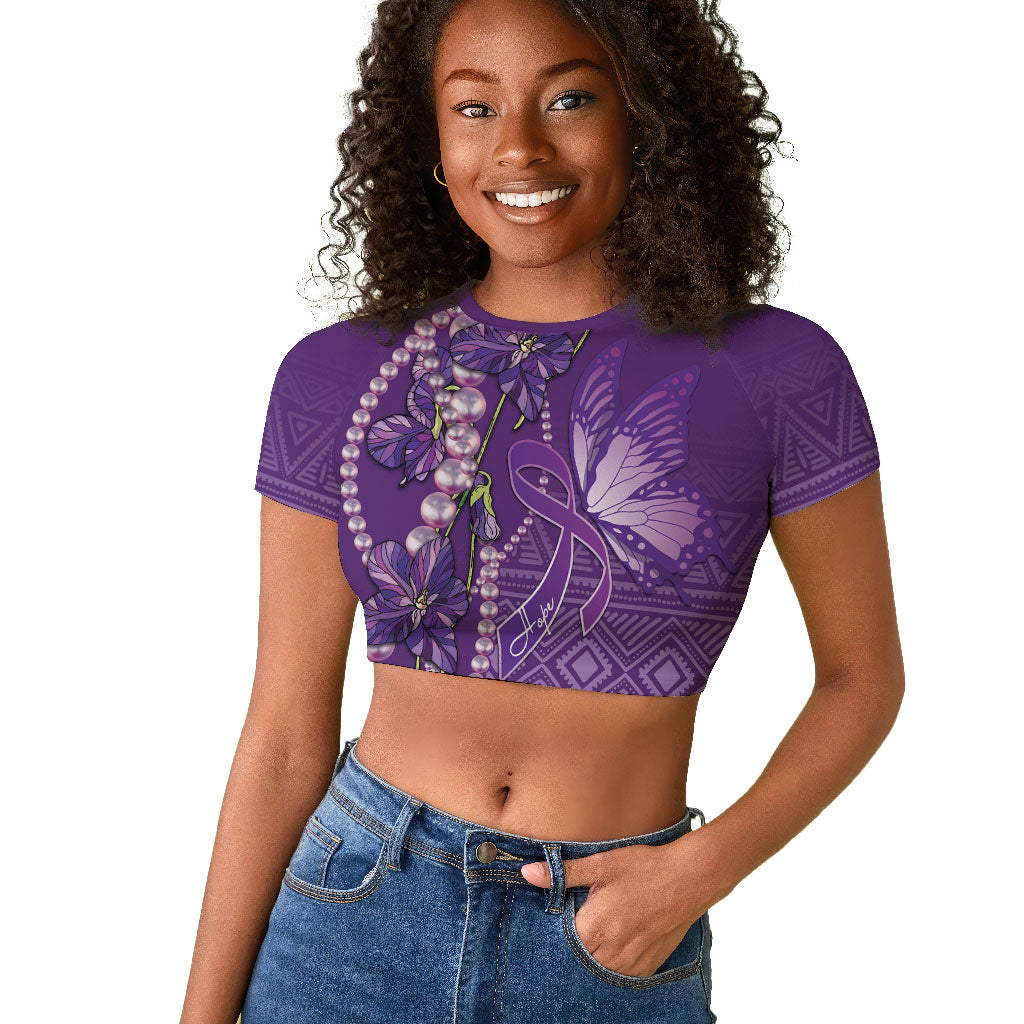Lupus Awareness Purple Ribbon Butterfly Raglan Cropped T shirt Hope