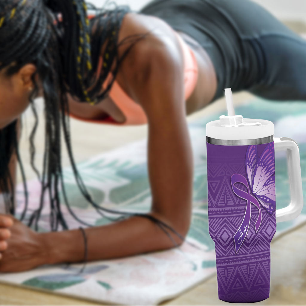 Lupus Awareness Purple Ribbon Butterfly Tumbler With Handle Hope