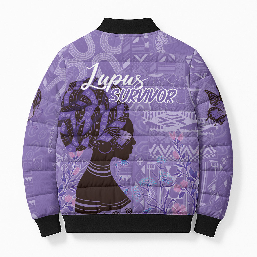 Lupus Awareness Afro Girl - Proud Survivor Bomber Puffer Jacket Ankara Pattern