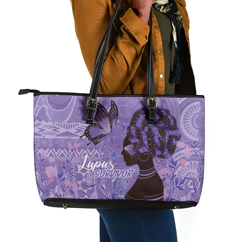 Lupus Awareness Afro Girl - Proud Survivor Leather Tote Bag Ankara Pattern