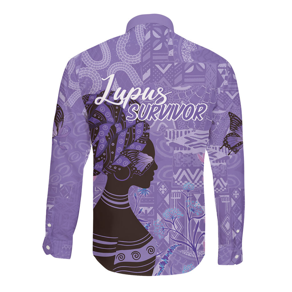 Lupus Awareness Afro Girl - Proud Survivor Long Sleeve Button Shirt Ankara Pattern