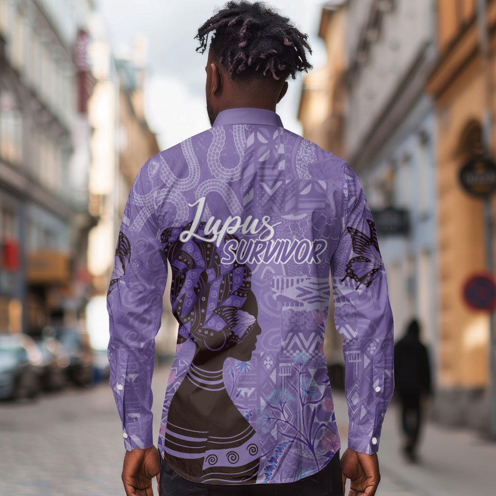 Lupus Awareness Afro Girl - Proud Survivor Long Sleeve Button Shirt Ankara Pattern