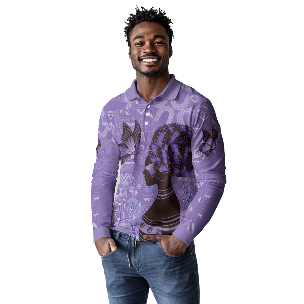 Lupus Awareness Afro Girl - Proud Survivor Long Sleeve Polo Shirt Ankara Pattern
