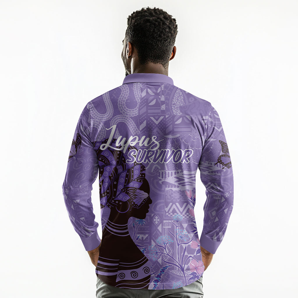 Lupus Awareness Afro Girl - Proud Survivor Long Sleeve Polo Shirt Ankara Pattern