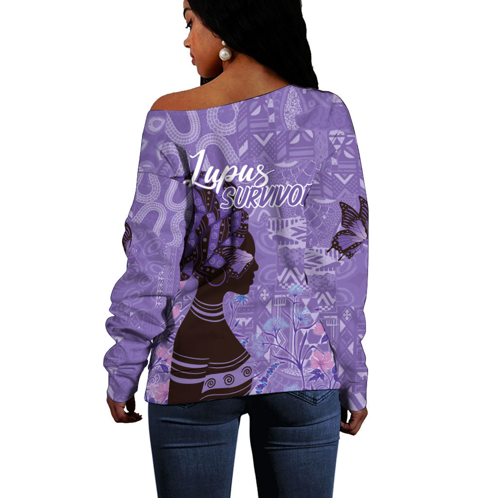 Lupus Awareness Afro Girl - Proud Survivor Off Shoulder Sweater Ankara Pattern