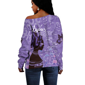 Lupus Awareness Afro Girl - Proud Survivor Off Shoulder Sweater Ankara Pattern