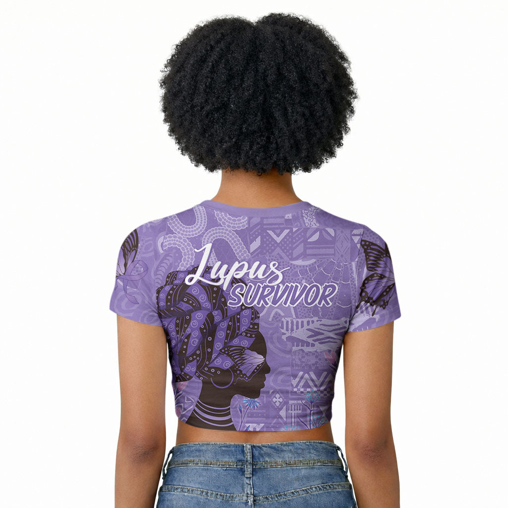 Lupus Awareness Afro Girl - Proud Survivor Raglan Cropped T shirt Ankara Pattern