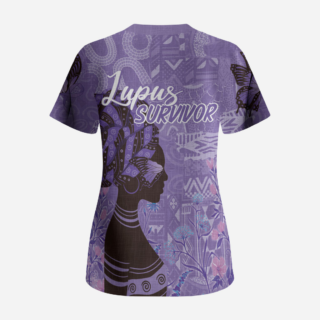 Lupus Awareness Afro Girl - Proud Survivor Scrub Top Ankara Pattern
