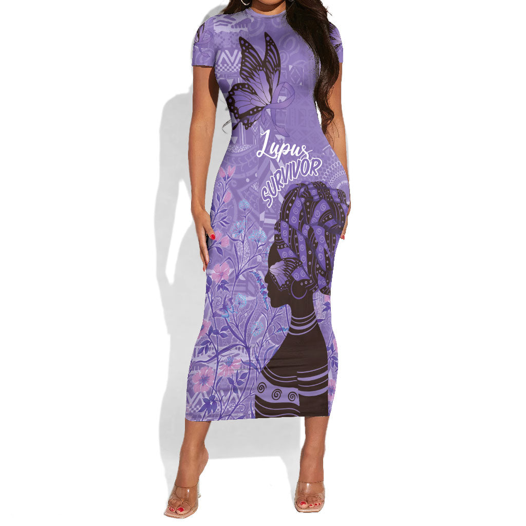Lupus Awareness Afro Girl - Proud Survivor Short Sleeve Bodycon Dress Ankara Pattern
