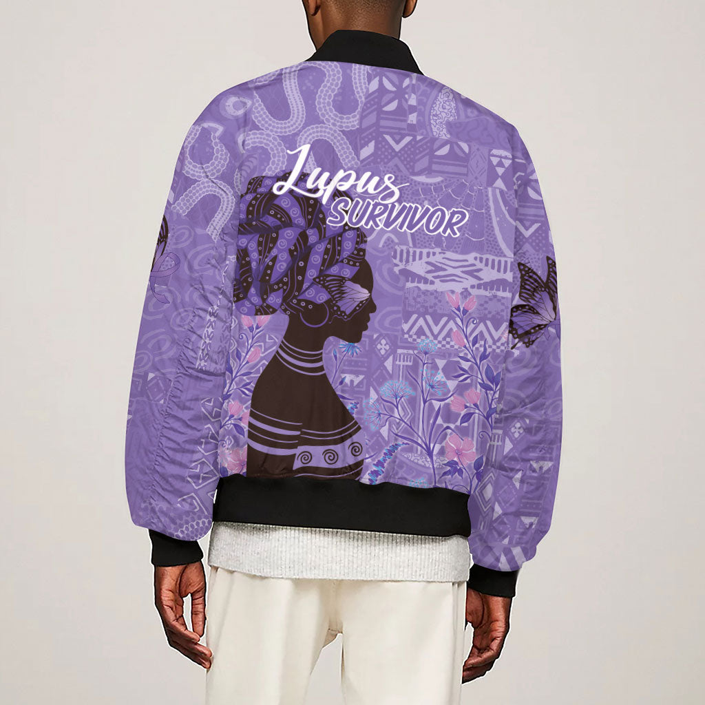 Lupus Awareness Afro Girl - Proud Survivor Sleeve Zip Bomber Jacket Ankara Pattern