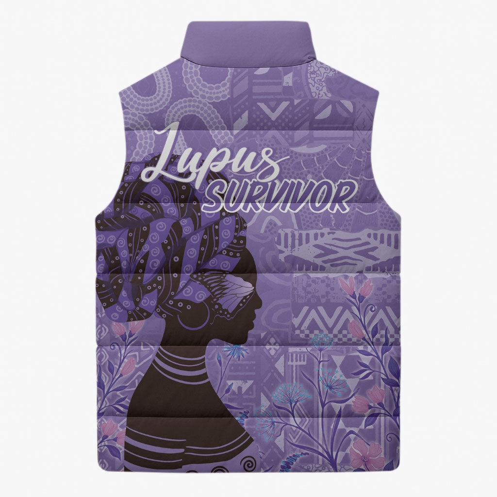 Lupus Awareness Afro Girl - Proud Survivor Sleeveless Puffer Jacket Ankara Pattern