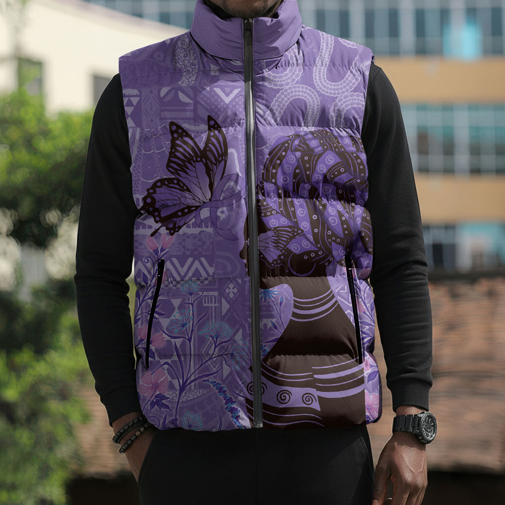 Lupus Awareness Afro Girl - Proud Survivor Sleeveless Puffer Jacket Ankara Pattern