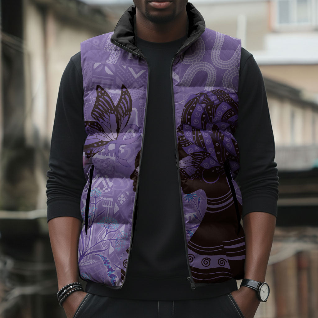 Lupus Awareness Afro Girl - Proud Survivor Sleeveless Puffer Jacket Ankara Pattern