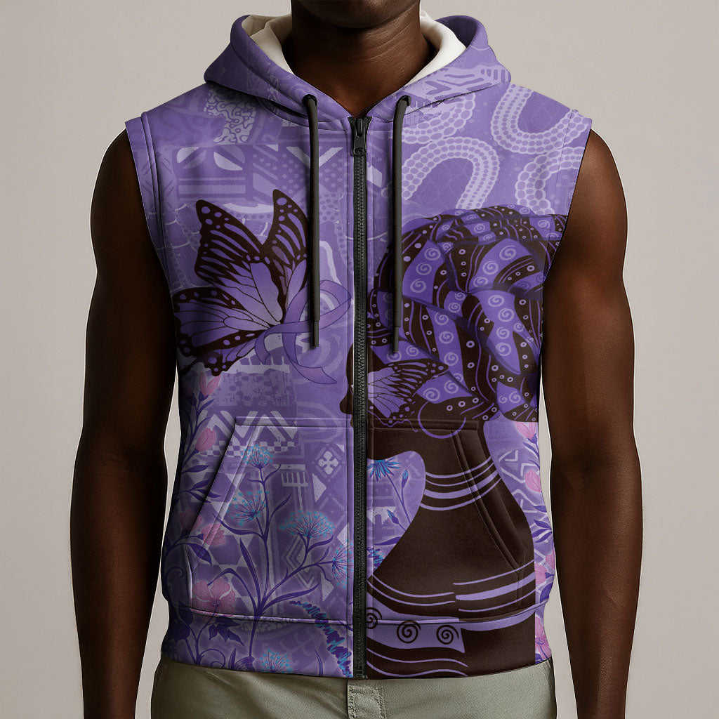 Lupus Awareness Afro Girl - Proud Survivor Sleeveless Zip Hoodie Ankara Pattern