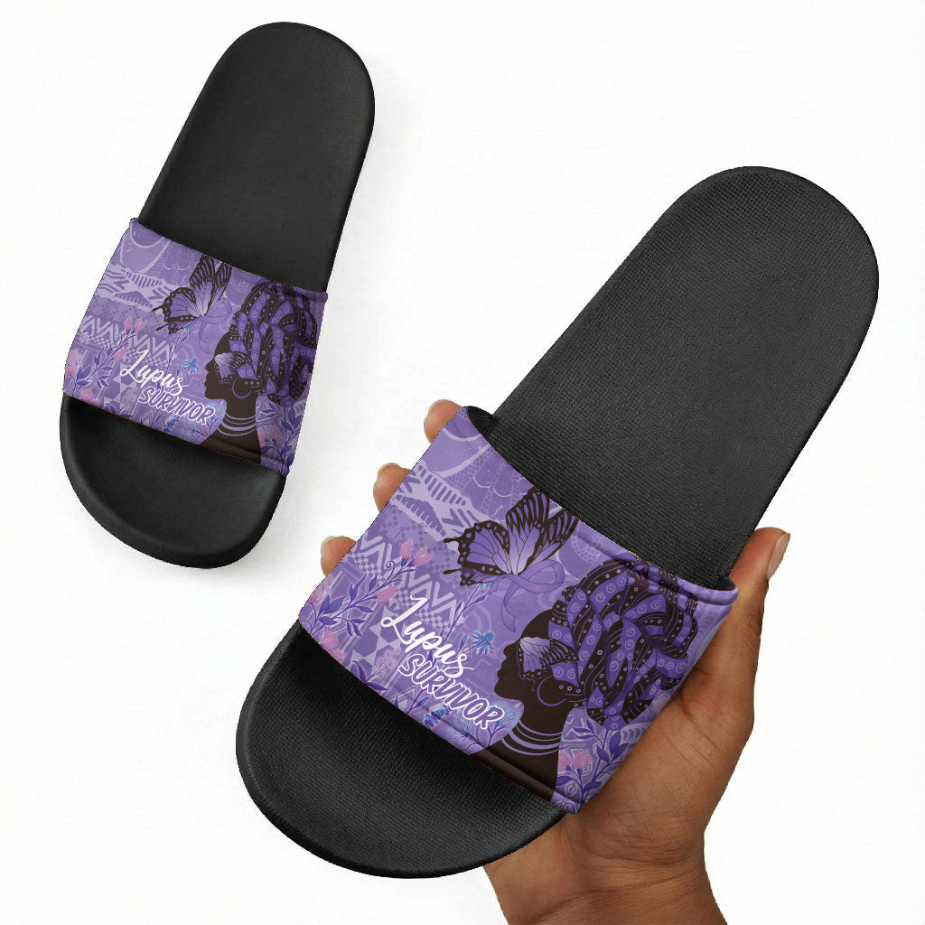 Lupus Awareness Afro Girl - Proud Survivor Slide Sandals Ankara Pattern