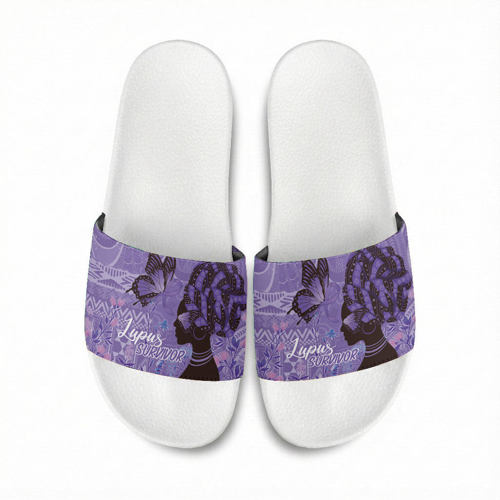 Lupus Awareness Afro Girl - Proud Survivor Slide Sandals Ankara Pattern