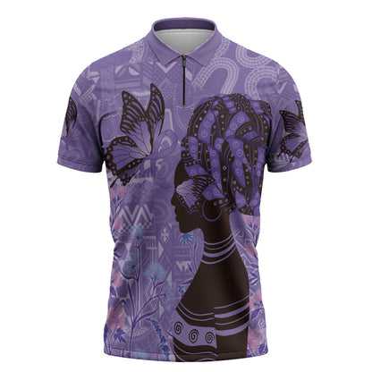 Lupus Awareness Afro Girl - Proud Survivor Zipper Polo Shirt Ankara Pattern