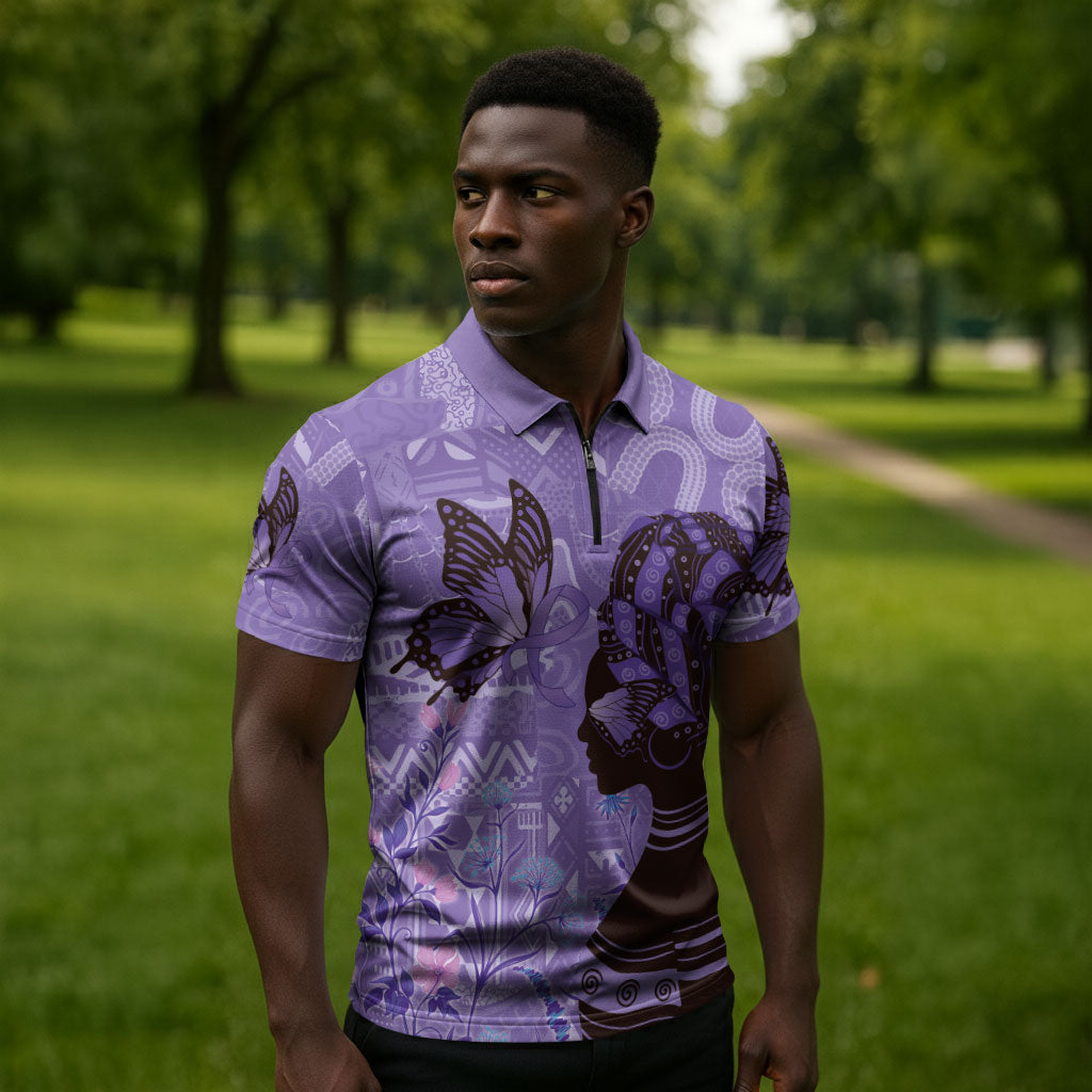 Lupus Awareness Afro Girl - Proud Survivor Zipper Polo Shirt Ankara Pattern