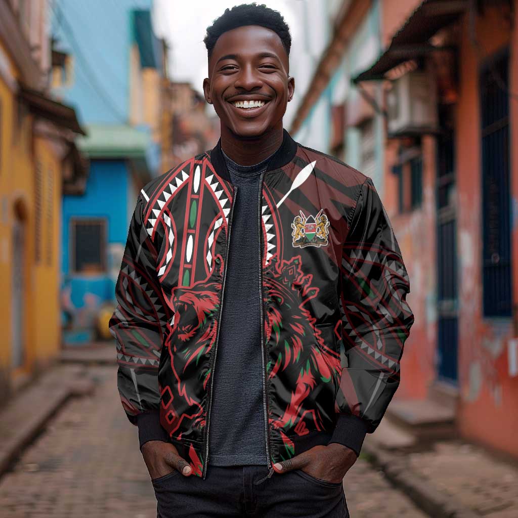 Kenya Personalized Lion Bomber Jacket Stylized Maasai Shield - African Pride