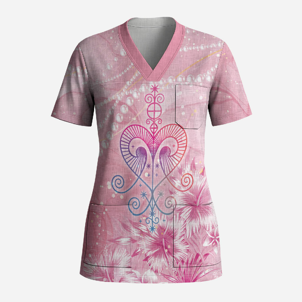 Afro Vodou Erzulie Freda Scrub Top Hibiscus & Pearls