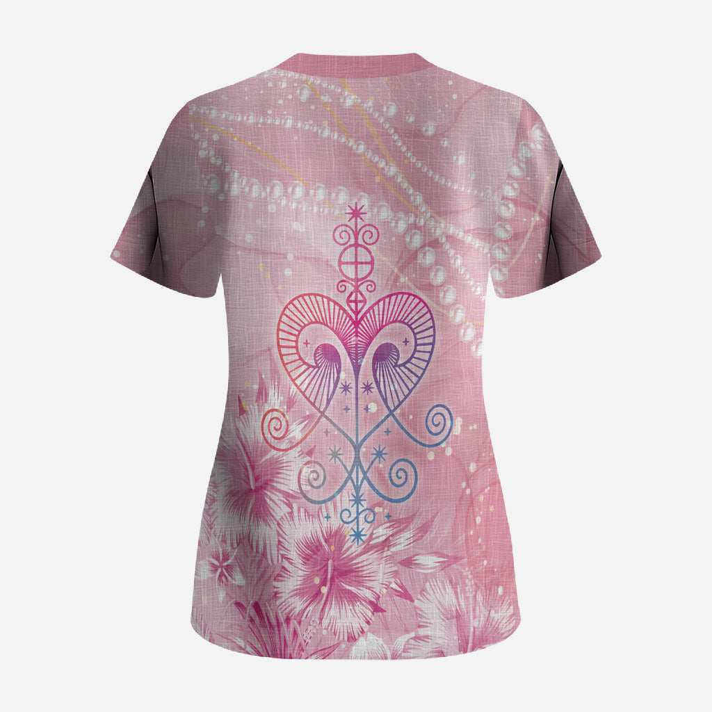 Afro Vodou Erzulie Freda Scrub Top Hibiscus & Pearls