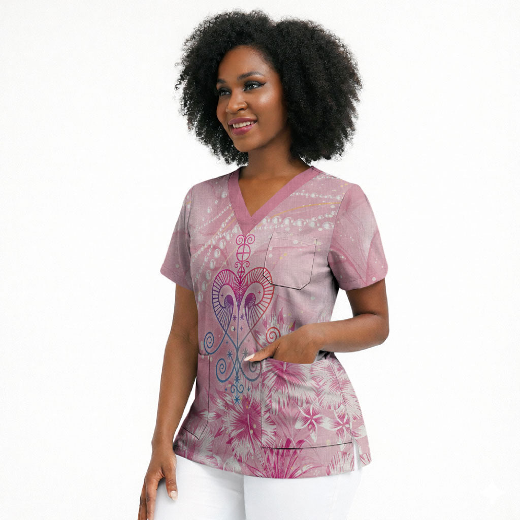Afro Vodou Erzulie Freda Scrub Top Hibiscus & Pearls