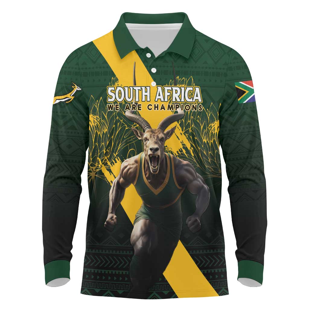 Personalised South Africa Rugby Long Sleeve Polo Shirt Proud Bokke We Are Champions LT7