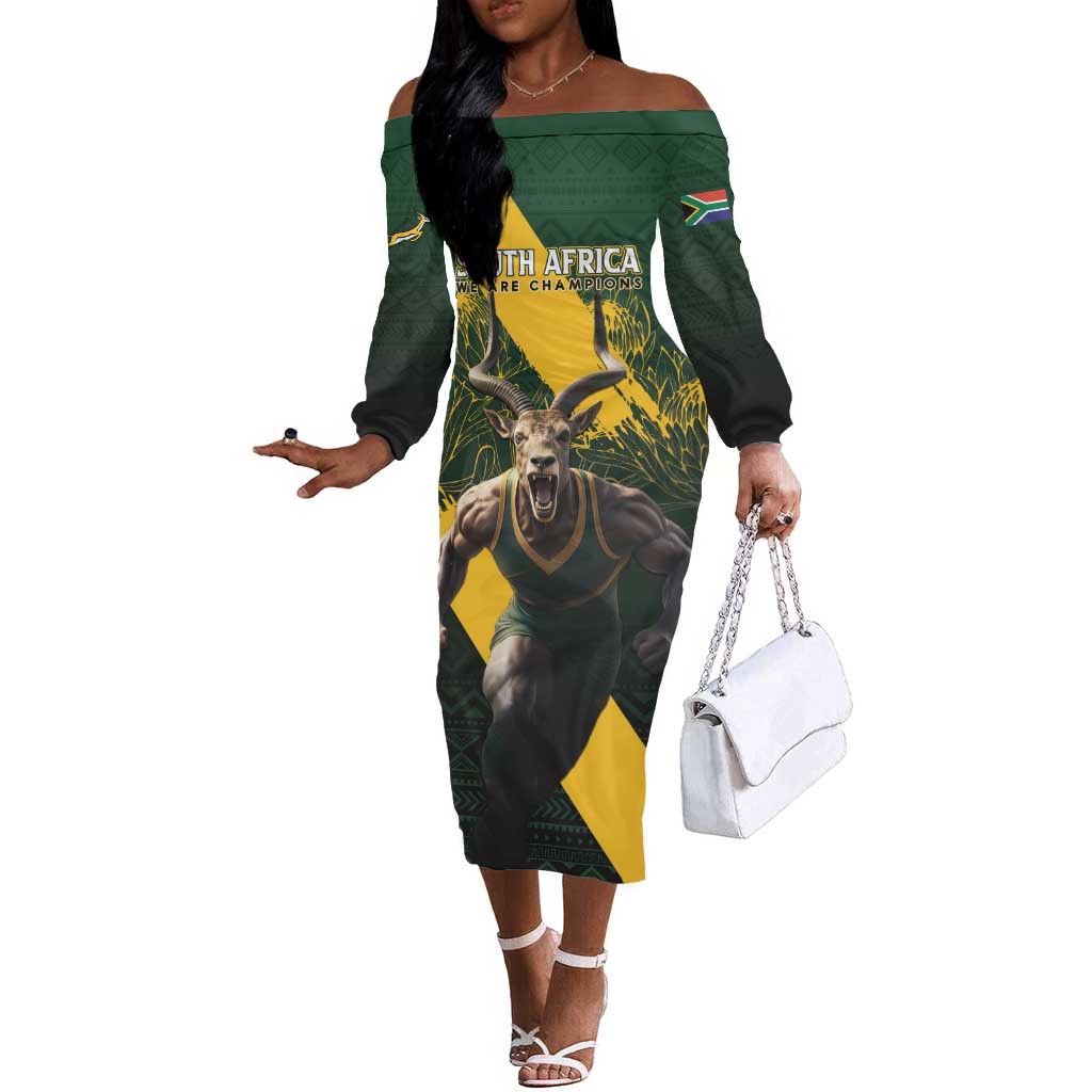 Personalised South Africa Rugby Off The Shoulder Long Sleeve Dress Proud Bokke We Are Champions