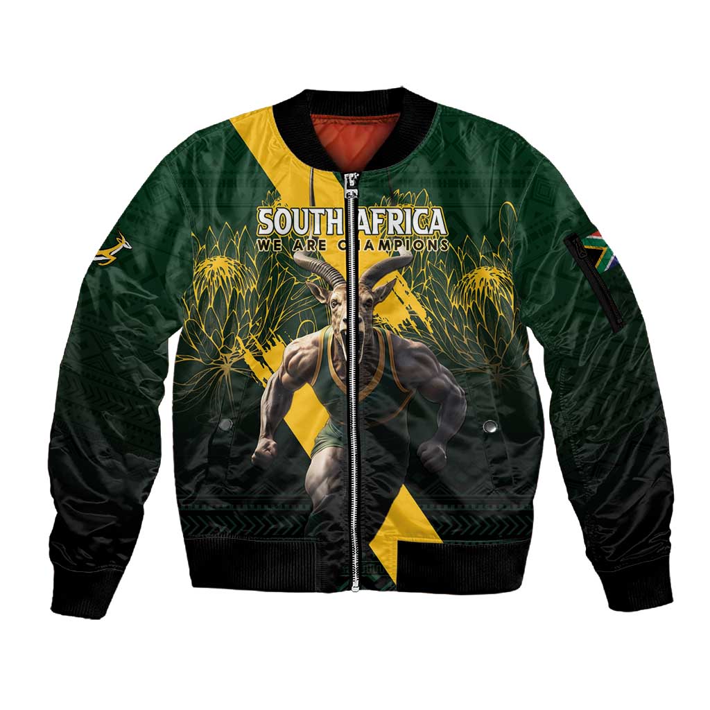 Personalised South Africa Rugby Sleeve Zip Bomber Jacket Proud Bokke We Are Champions